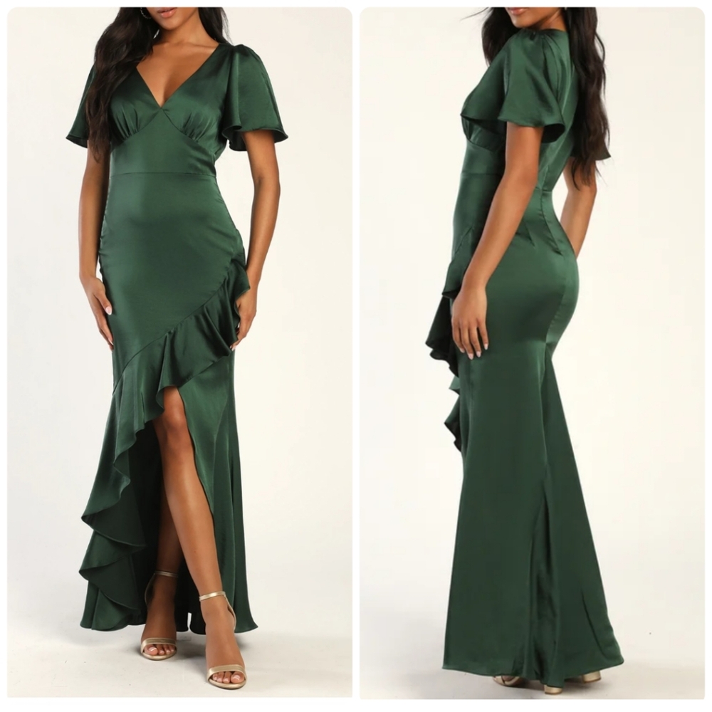 Lulu's Emerald Green Asymmetrical Ruffle Satin Gown